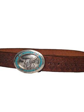 Vintage Tooled Leather Belt Western Steer Buckle Silver Tone Ranchwear Brown